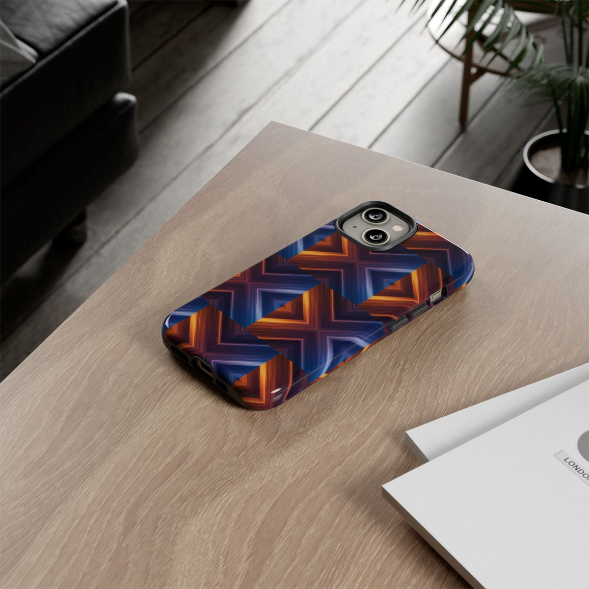 Stylish Tough Phone Case With Blue & Orange Abstract Design