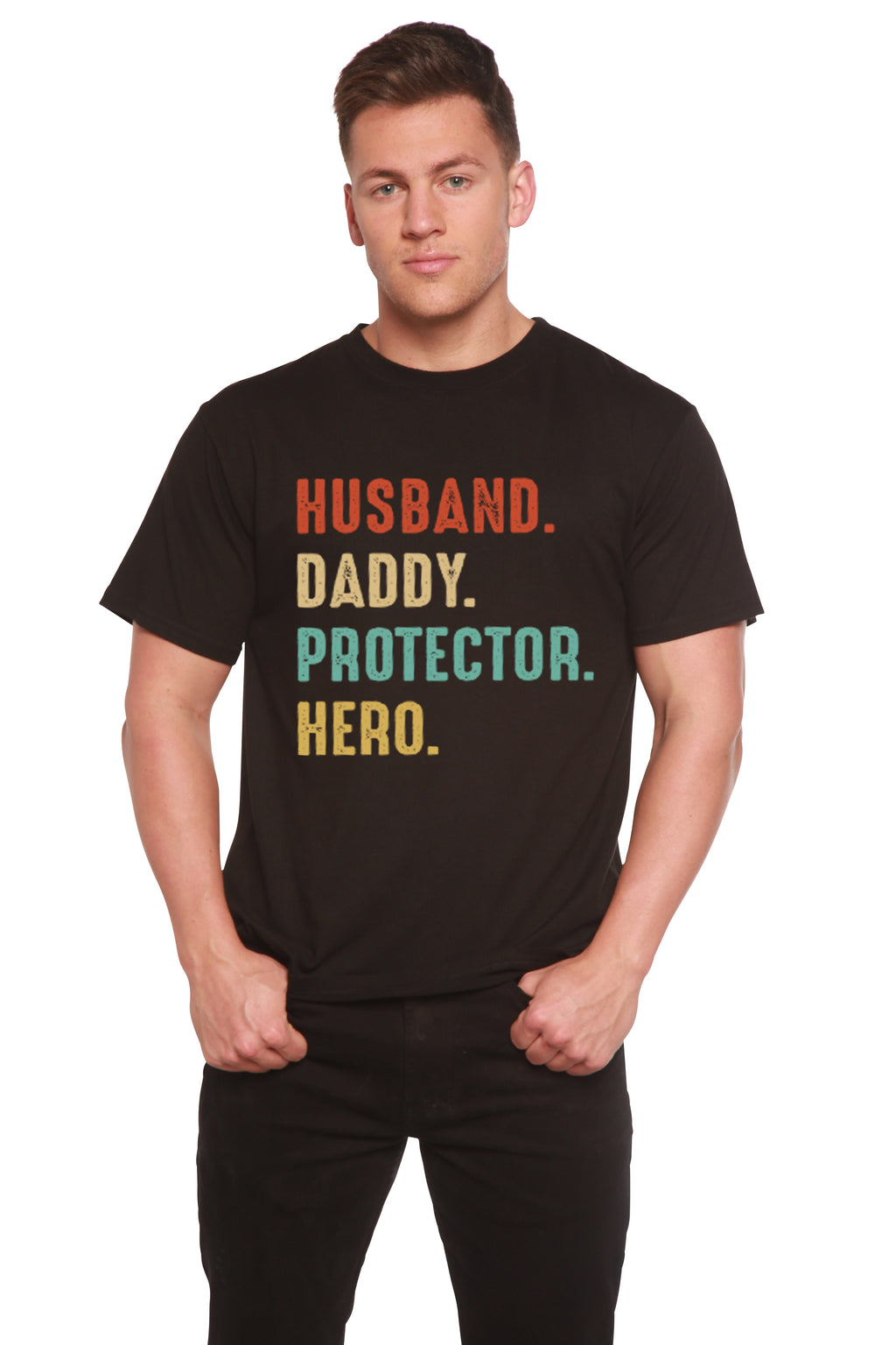 Husband, Daddy, Protector, Hero Men's Bamboo Viscose/Organic Cotton Short Sleeve Graphic T-Shirt